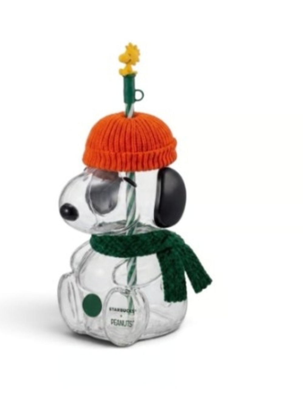 Starbucks Snoopy Glass Vase with Orange Hat and Green Scarf